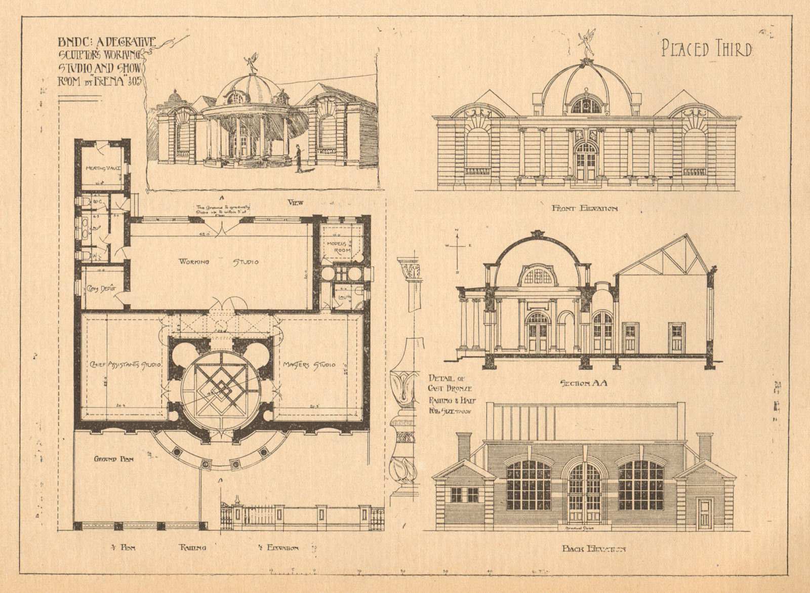 Decorative sculptors working studio & show room by Frena. Elevation & plan 1905